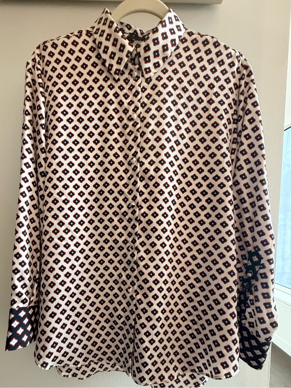 Zara Cream Blouse with Black and Burgundy Geo Print